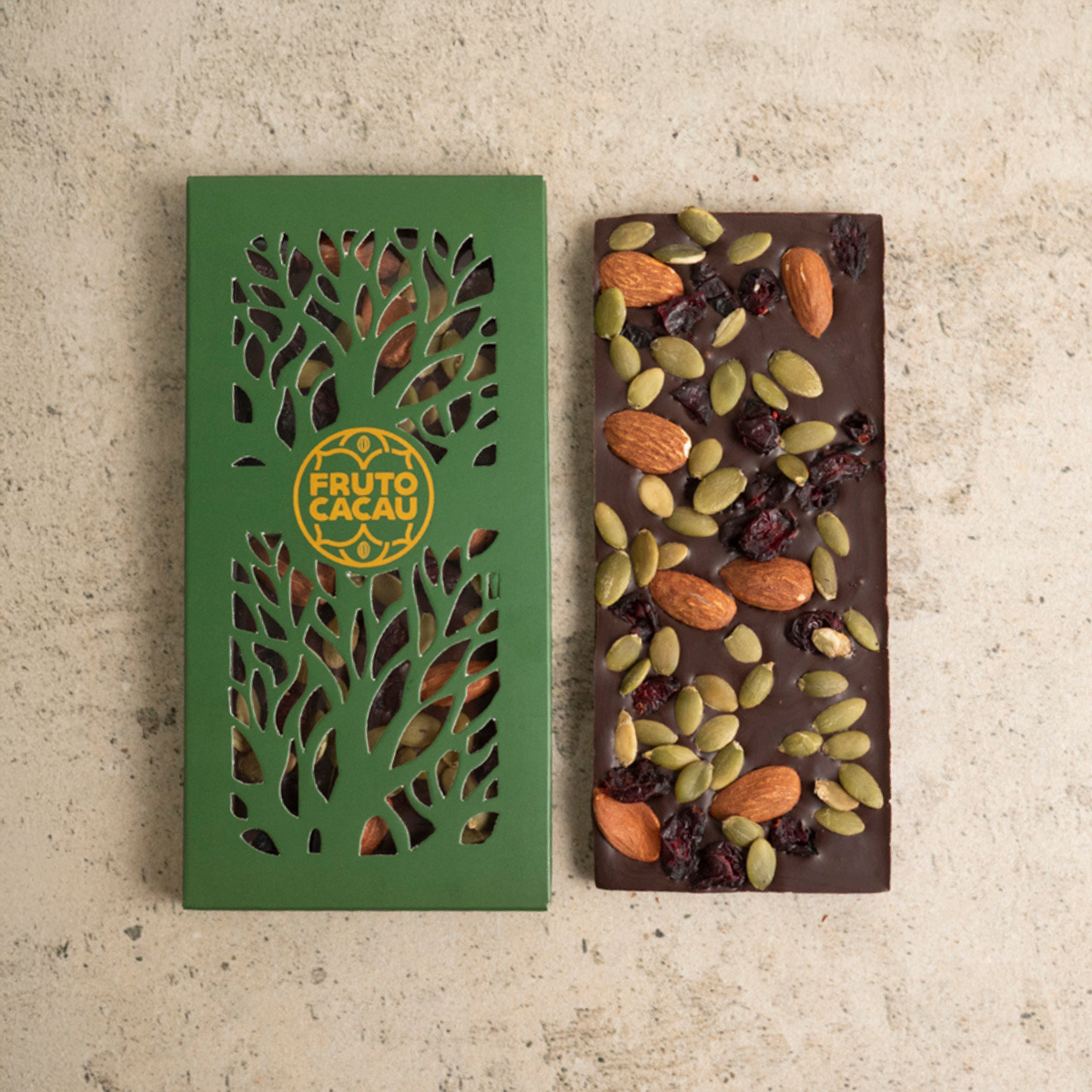 Barra Gourmet de Chocolate 70 % com Semente de Abóbora, Cranberry