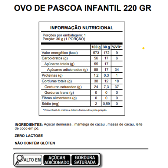 Ovo de Pascoa Infantil 45% ao leite de coco - 220 gr