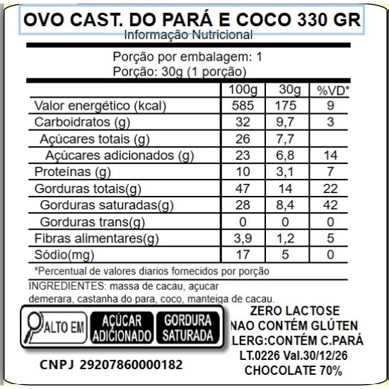 Ovo de pascoa crocante de castanha do para e coco 330 Gr acucar