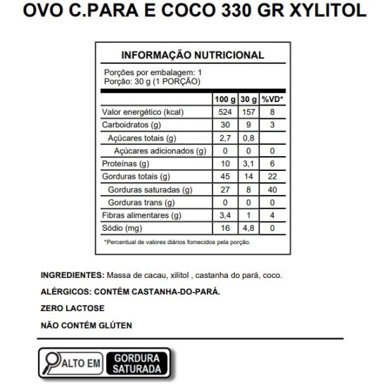 Ovo de pascoa crocante de castanha do para e coco 330 Gr xylitol