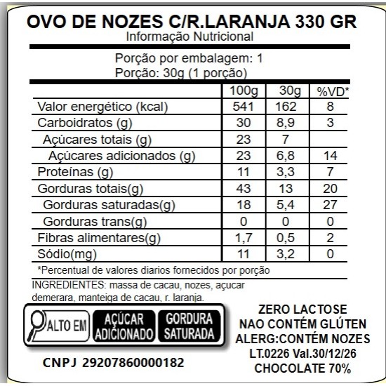 Ovo de pascoa crocante de nozes e raspas de laranja 330 Gr acucar