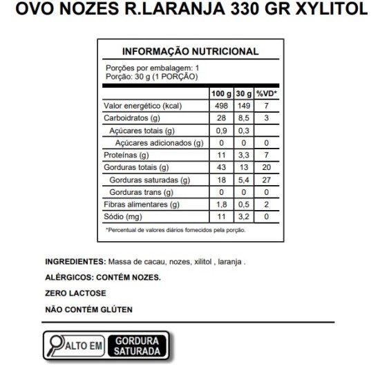 Ovo de pascoa crocante de nozes e raspas de laranja 330 Gr xylitol