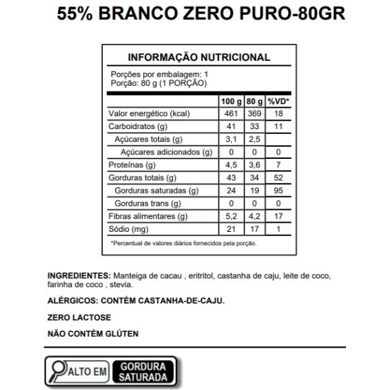 Barra Chocolate Branco 55% Puro, Zero 